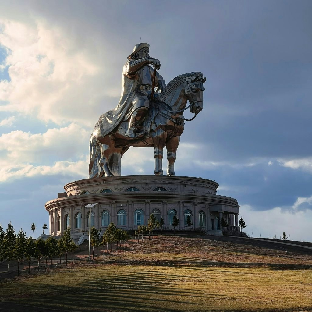 The giant silver Genghis Khan statue at the Genghis Khan Statue Complex in Ulaanbaatar, Mongolia.