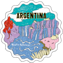 Illustrated Argentina sticker: waterfalls pouring over purple cliffs into a blue river, with red rock formations.
