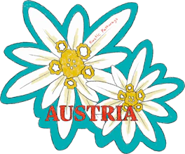 Illustrated Austria sticker: two white edelweiss flowers on a teal background.