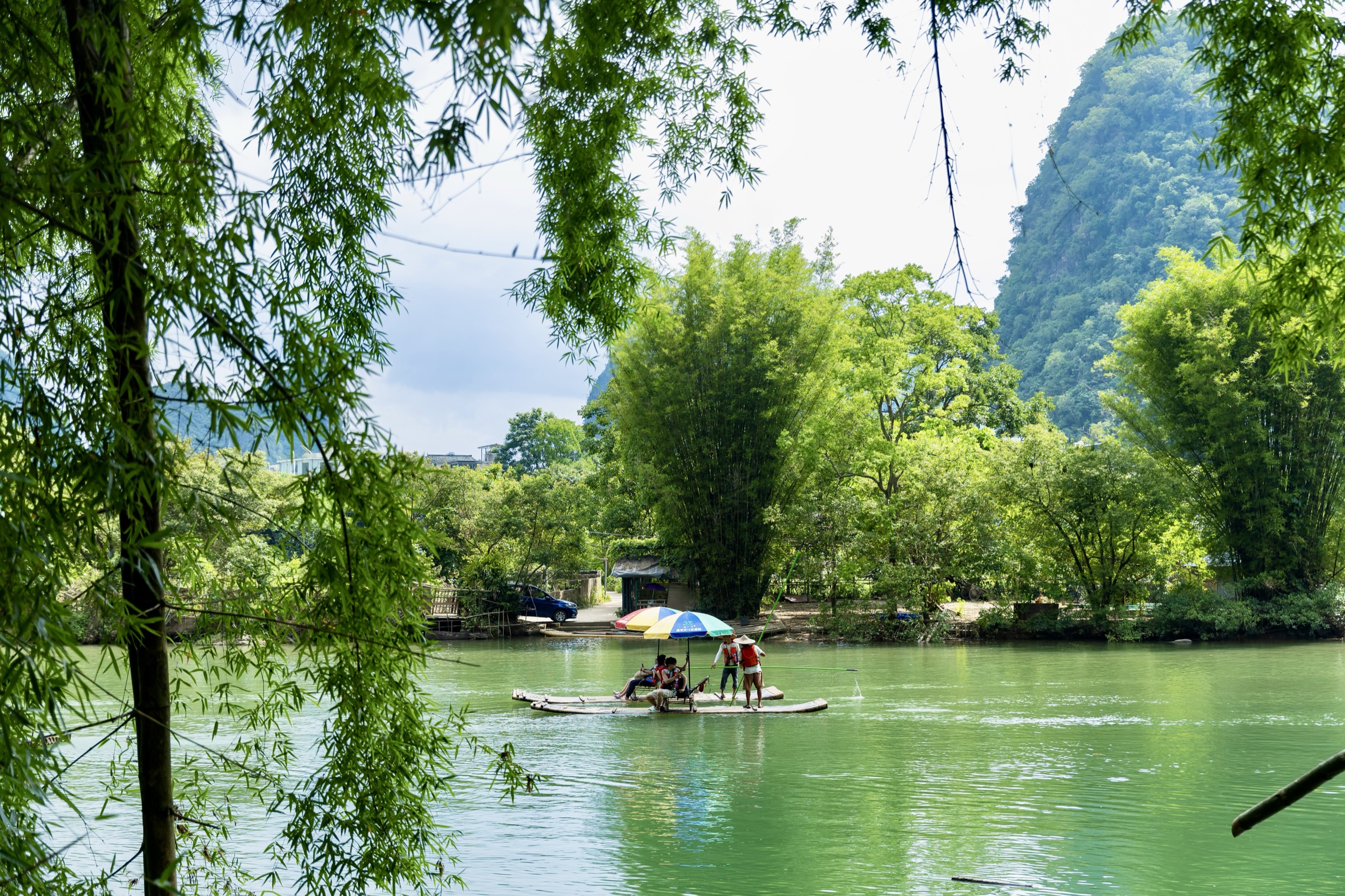 A bamboo raft on the green water of the Li River near Yangshuo, China, framed by willow branches