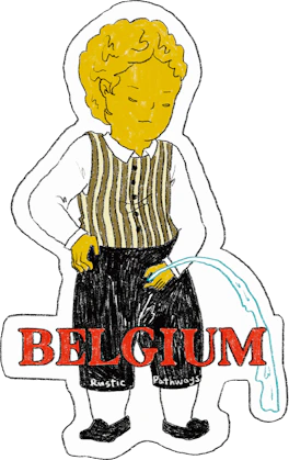 Illustrated Belgium sticker: the Manneken Pis fountain boy in a striped waistcoat.