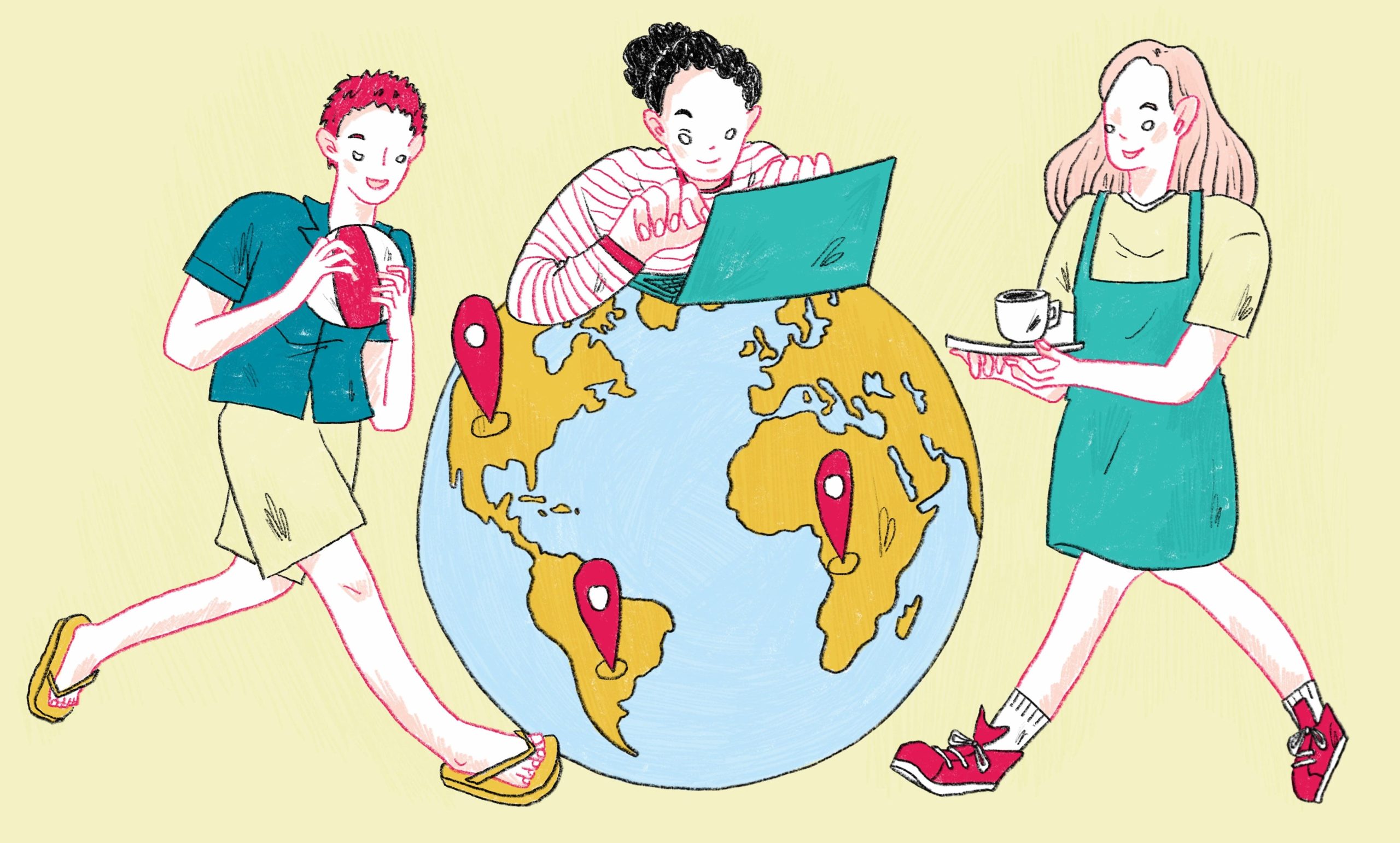 Hand-drawn illustration of a world map highlighting top countries for gap years, with travel icons