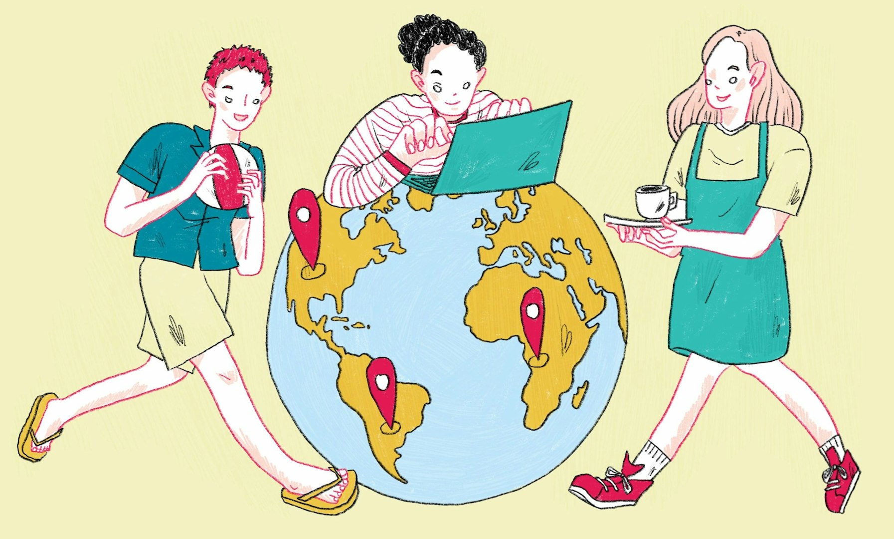Hand-drawn illustration of a world map highlighting top countries for gap years, with travel icons