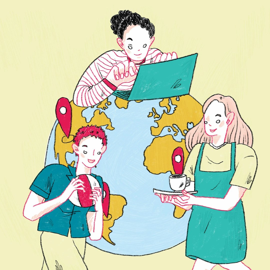 Hand-drawn illustration of a world map highlighting top countries for gap years, with travel icons, square format