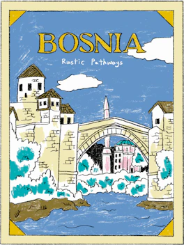 Illustrated Bosnia sticker: the arched Stari Most bridge at Mostar over the river, a minaret behind it.
