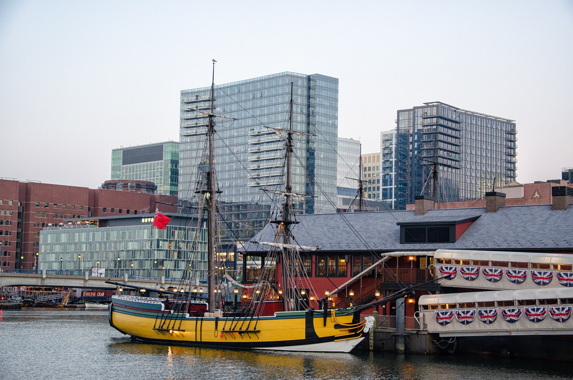 Boston’s Seaport waterfront, the starting city for the Boston–New York route.