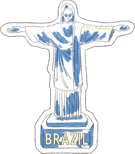 Illustrated Brazil sticker: the Christ the Redeemer statue with arms outstretched, drawn in blue and white.
