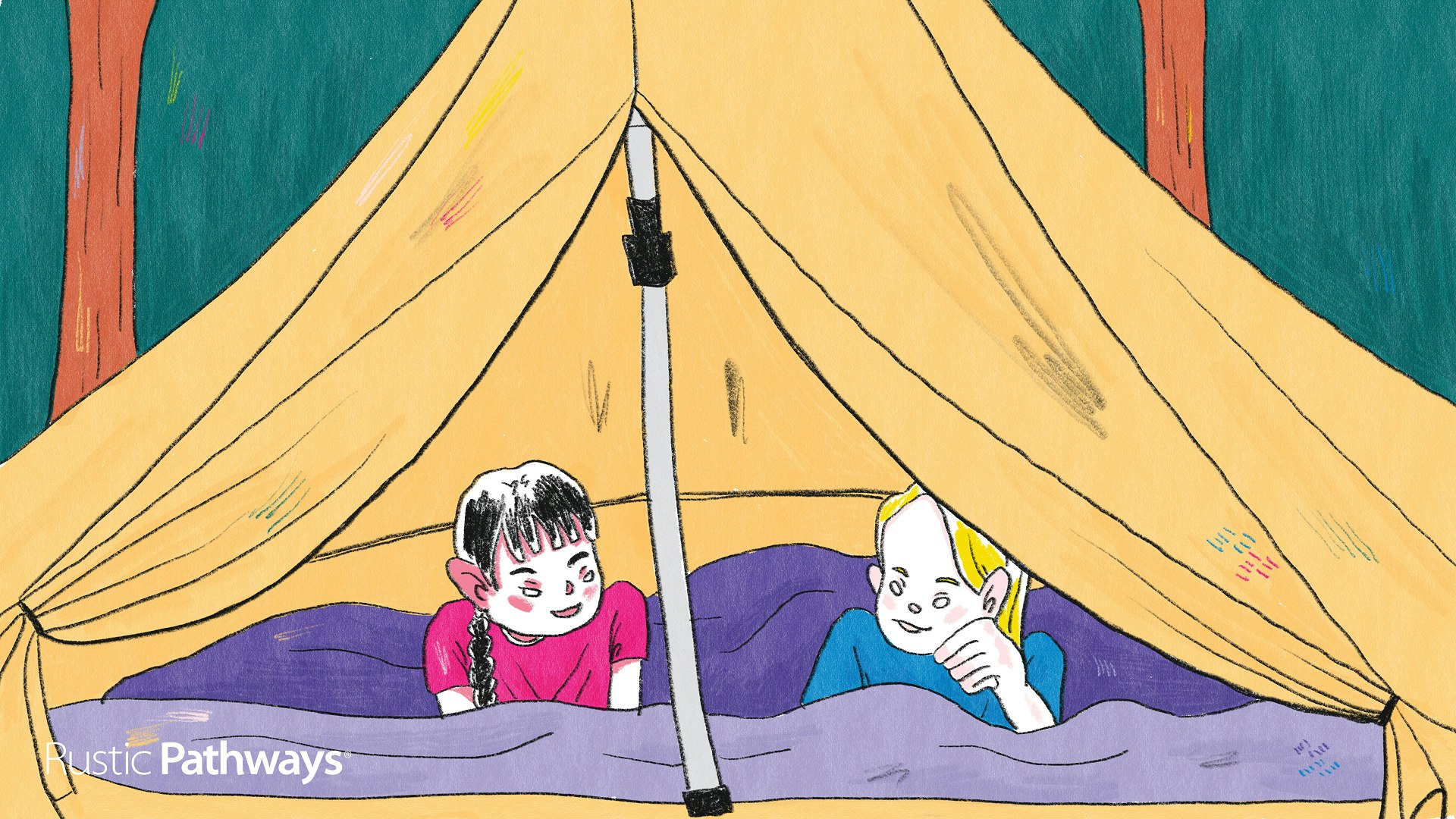 Hand-drawn illustration of camps for teens, showing two students resting inside a tent, wide format.