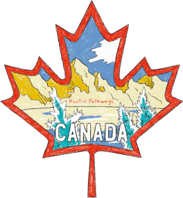 Illustrated Canada sticker: a red maple leaf holding a mountain range and a lake.