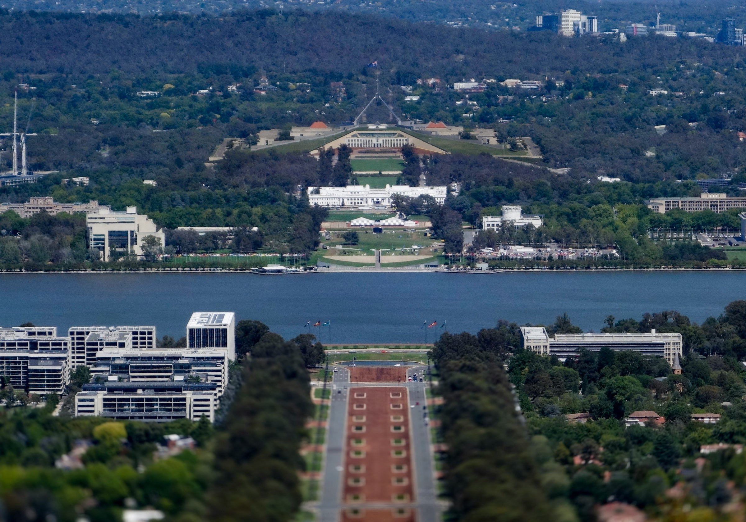 ANZAC Parade runs across Lake Burley Griffin toward Parliament House in Canberra