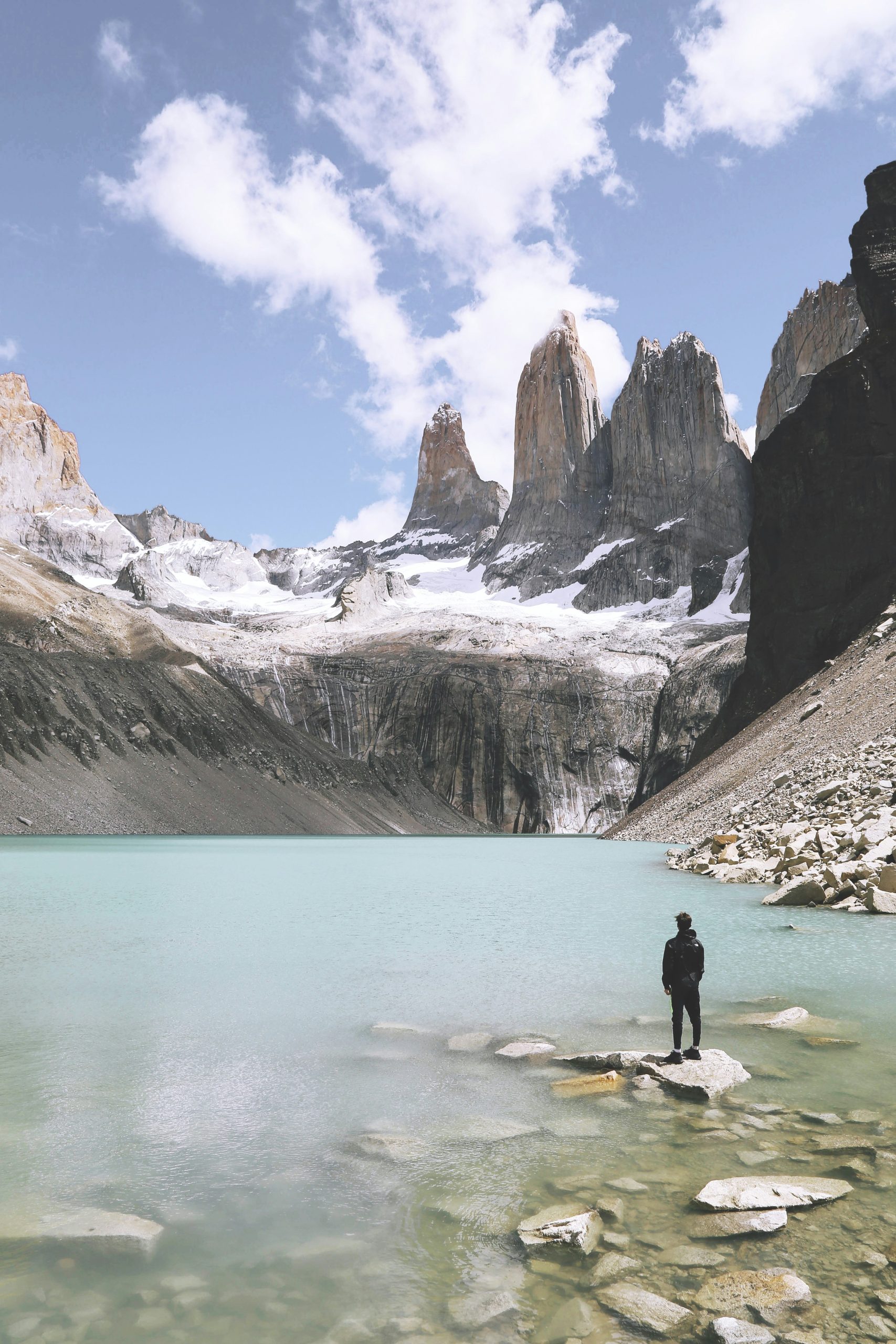 Picture of Torres del Paine National Park, Chile. Lake in the bottom and mountains in the background.