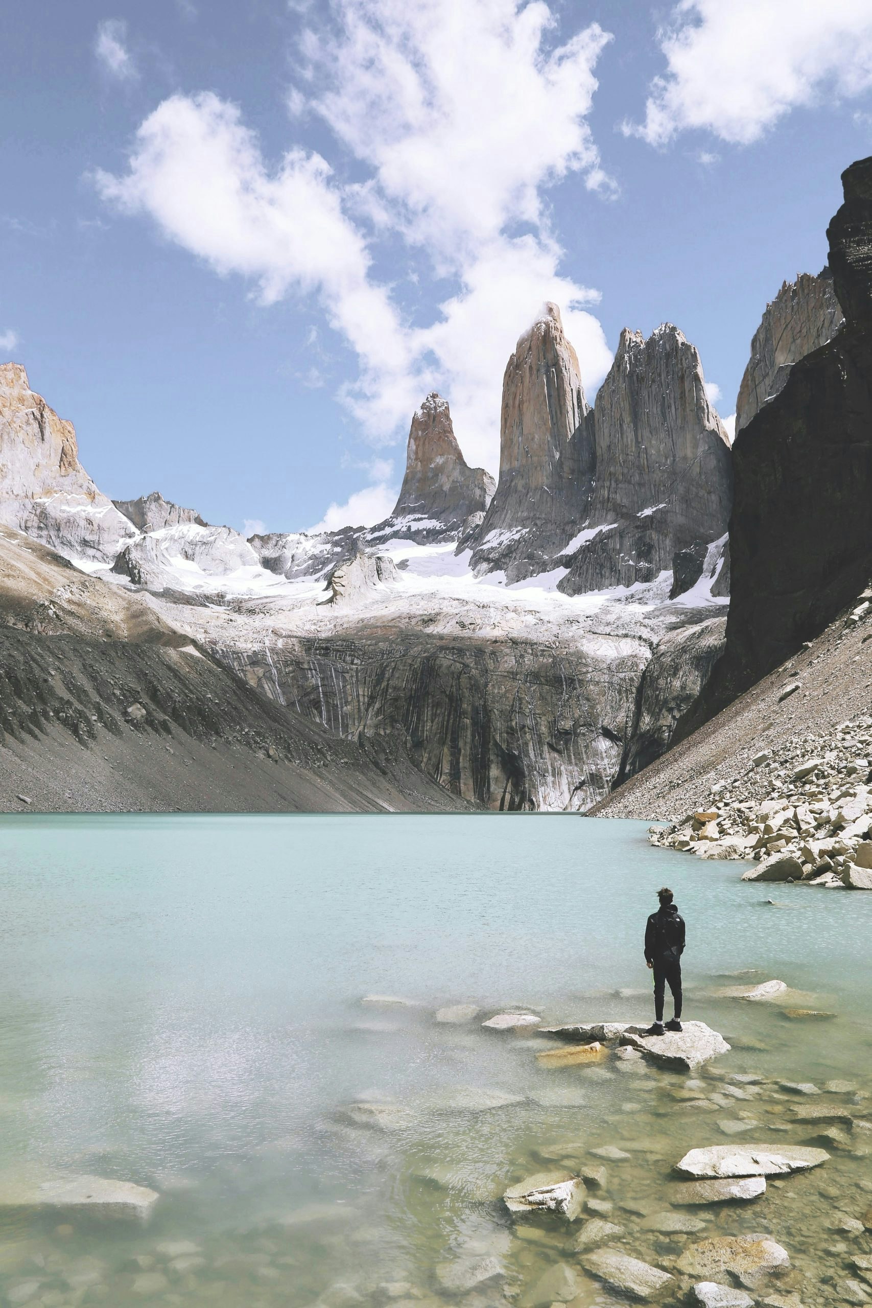 Picture of Torres del Paine National Park, Chile. Lake in the bottom and mountains in the background.