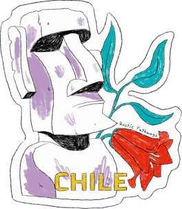 Illustrated Chile sticker: an Easter Island moai head with teal leaves and a red flower.