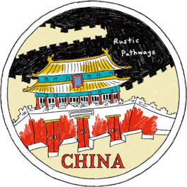 Illustrated China sticker: a tiled pagoda with red pillars and the Great Wall curving behind it.