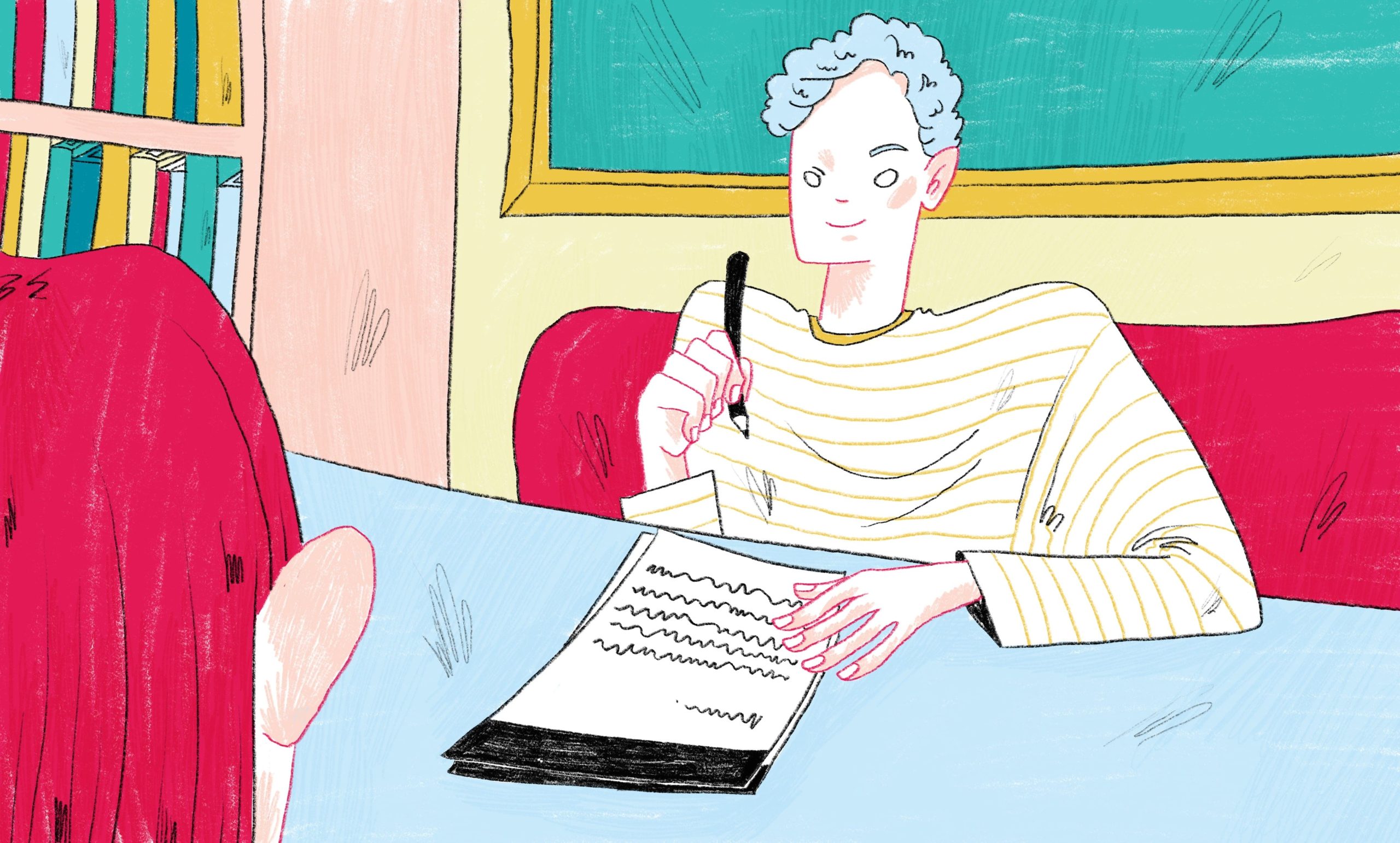 Hand-drawn illustration of a student writing a college deferment letter to take a gap year