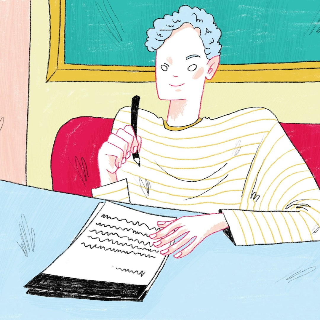Hand-drawn illustration of a student writing a college deferment letter to take a gap year, square format