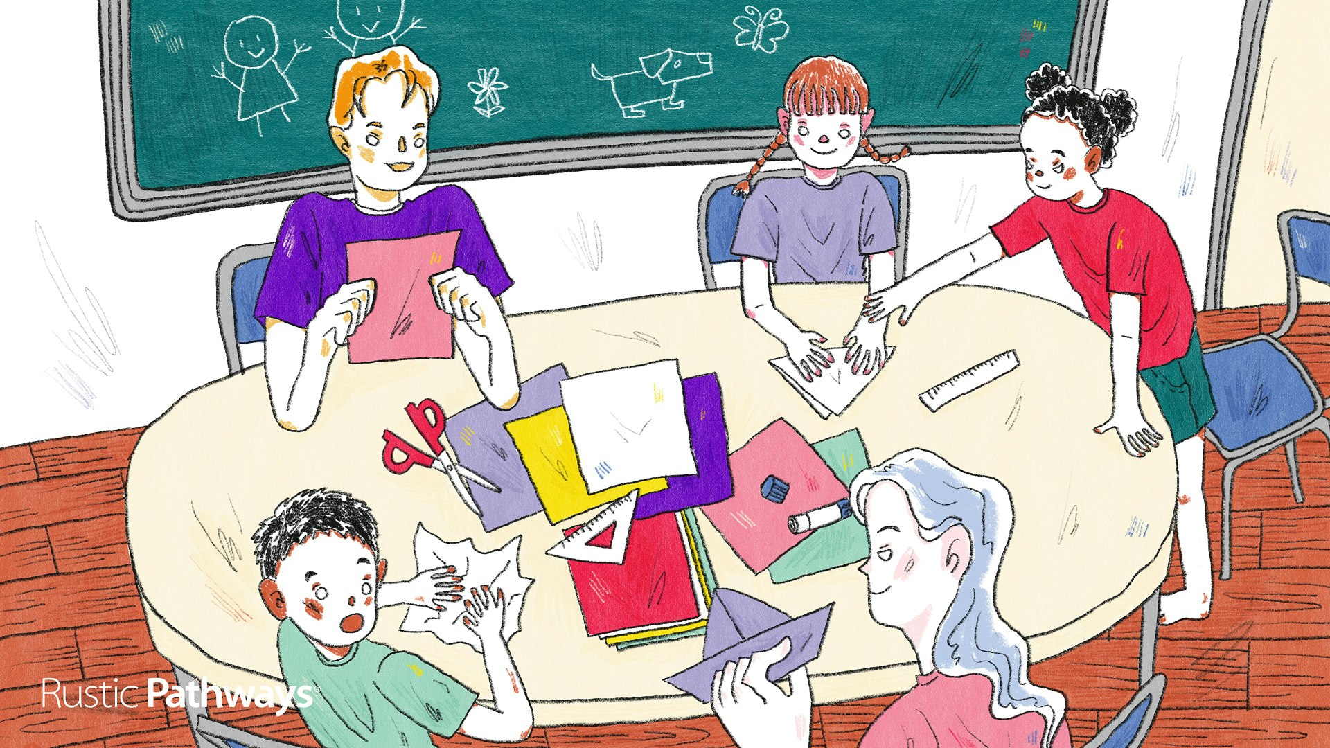 Hand-drawn illustration of community service travel, showing students collaborating around a table with crafts and supplies, wide format.