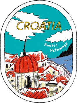 Illustrated Croatia sticker: a red-domed church above terracotta rooftops and the sea.
