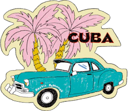 Illustrated Cuba sticker: a turquoise vintage car parked under pink palm trees.