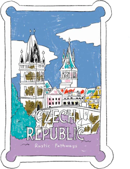 Illustrated Czech Republic sticker: Gothic cathedral spires and bridge towers in a purple frame.