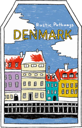 Illustrated Denmark sticker: the coloured harbour houses of Nyhavn along the water.