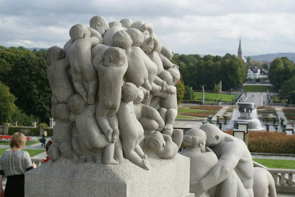 A sculpture of babies climbing over each other in Vigeland Park, Norway.
