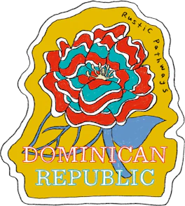 Illustrated Dominican Republic sticker: a large red and teal flower on a gold ground.