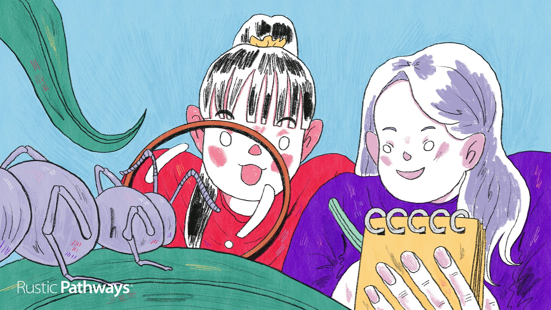 Hand-drawn illustration of educational trips for students, showing students observing insects and taking notes in nature, wide format.