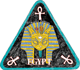 Illustrated Egypt sticker: a pharaoh's gold burial mask flanked by ankh symbols in a teal triangle.