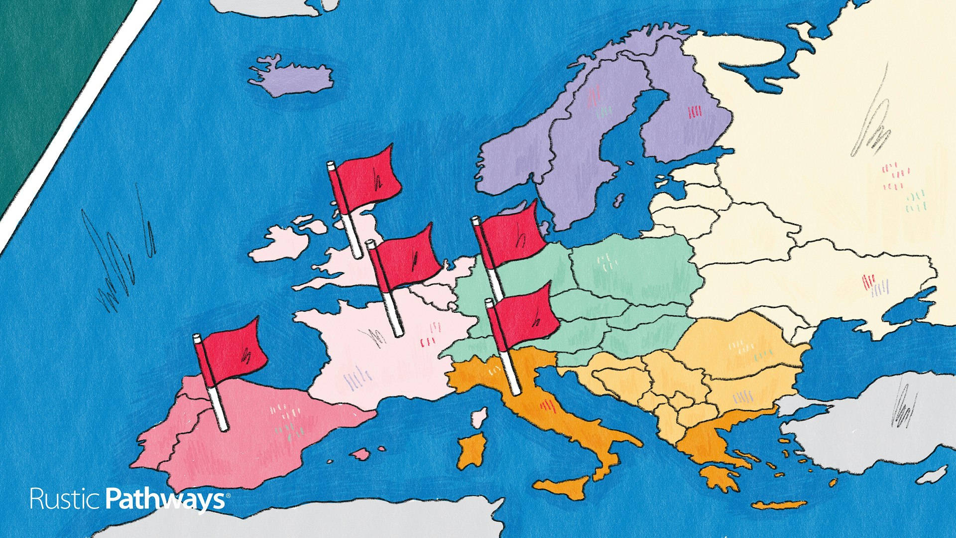 Hand-drawn illustration of Europe trips, showing a map of Europe with flags marking destinations, wide format.
