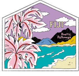 Illustrated Fiji sticker: pink hibiscus flowers above a turquoise lagoon and a dark headland.