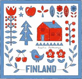 Illustrated Finland sticker: folk-art tulips, berries, a red cottage and a bluebird.