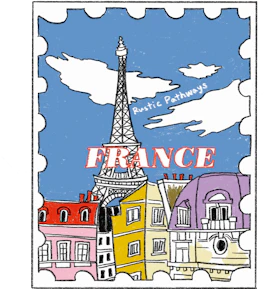 Illustrated France sticker: the Eiffel Tower rising above Paris rooftops, drawn as a postage stamp.