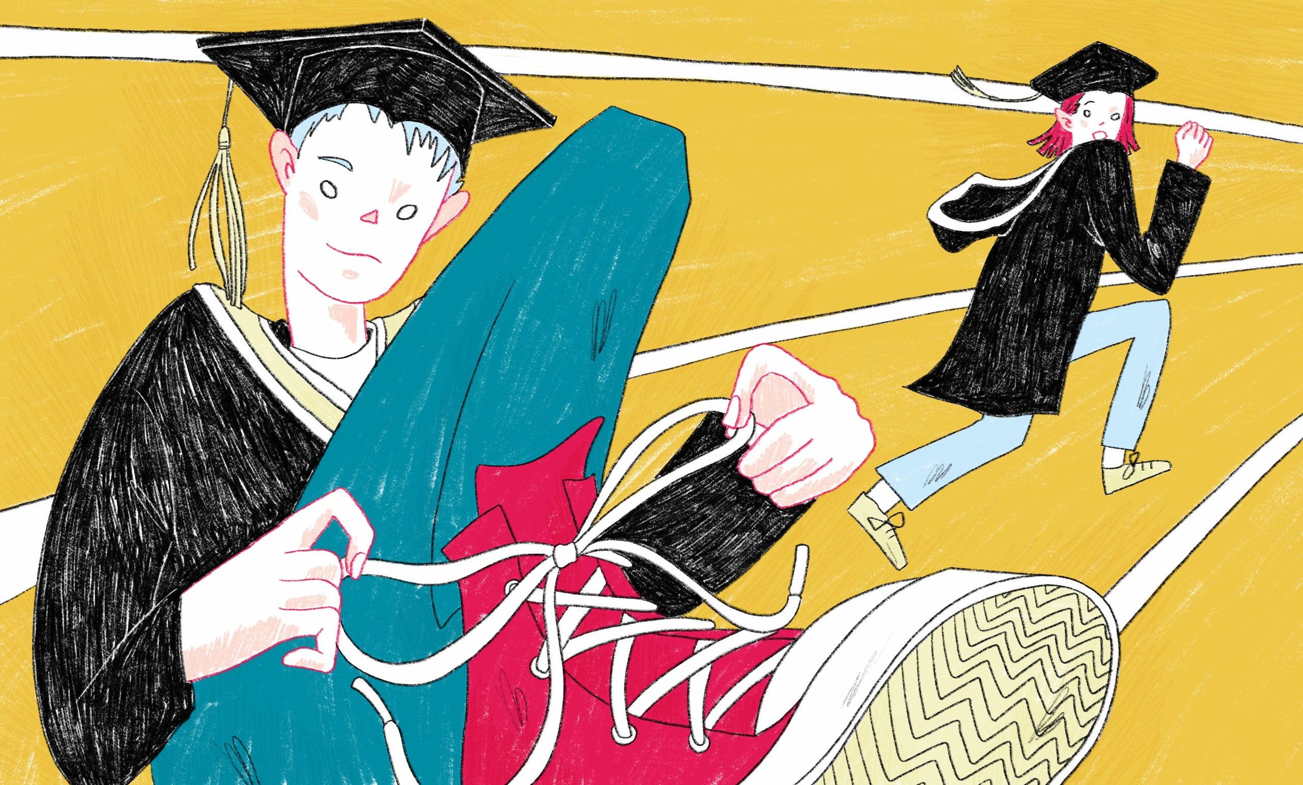 Hand-drawn illustration of the path from high school to college, highlighting gap year achievements like volunteering, internships, and skills gained