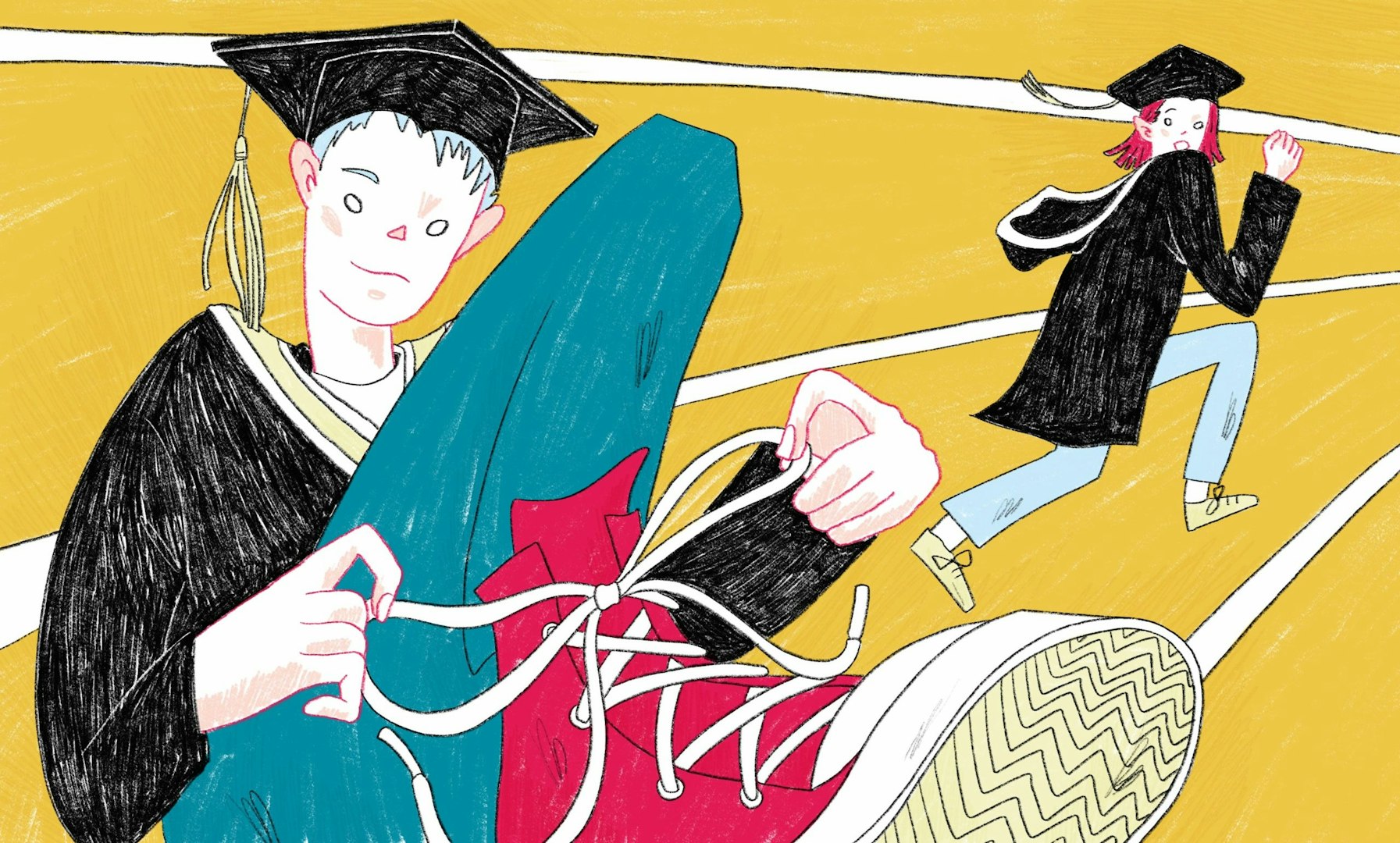 Hand-drawn illustration of the path from high school to college, highlighting gap year achievements like volunteering, internships, and skills gained