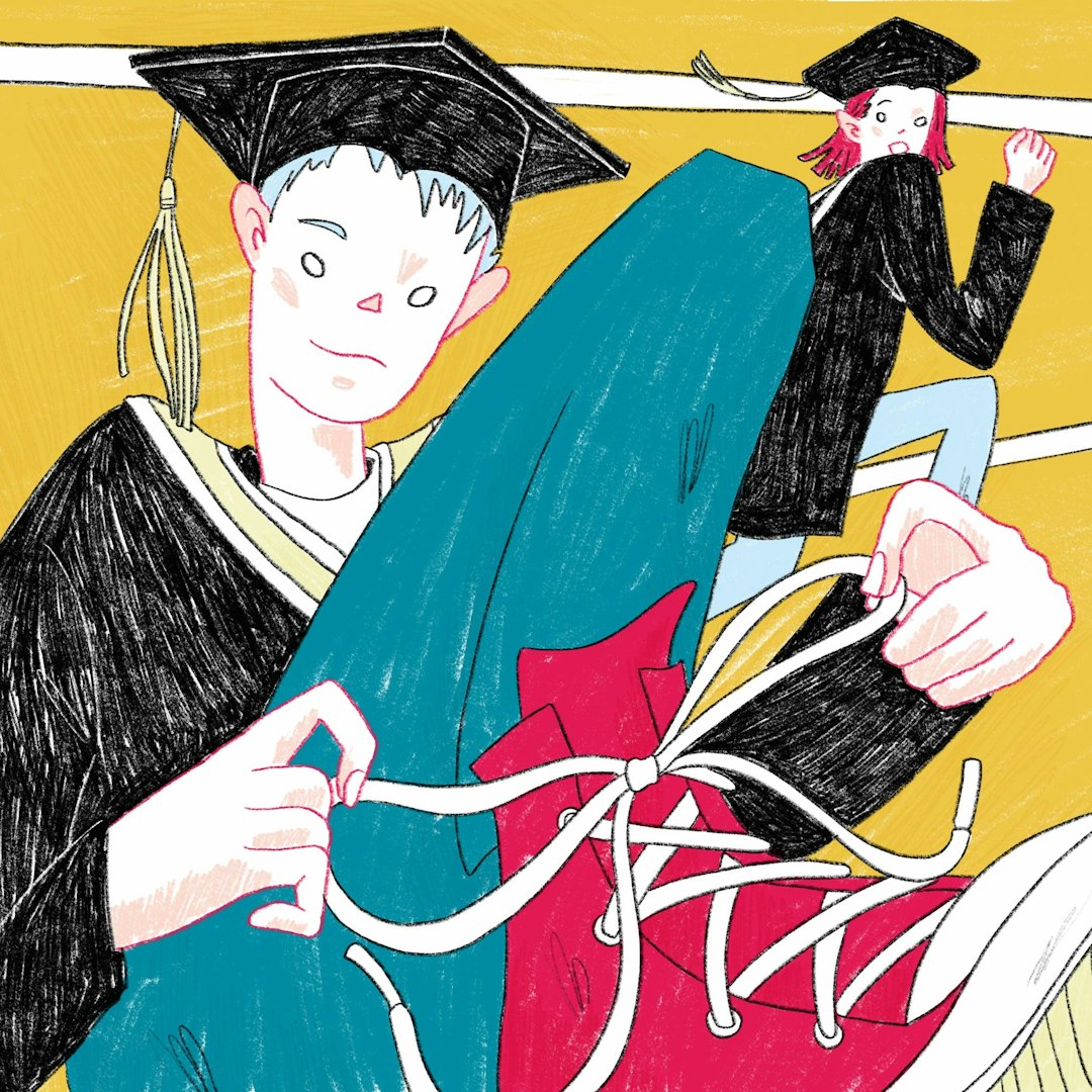 Hand-drawn illustration of the path from high school to college, highlighting gap year achievements like volunteering, internships, and skills gained, square format