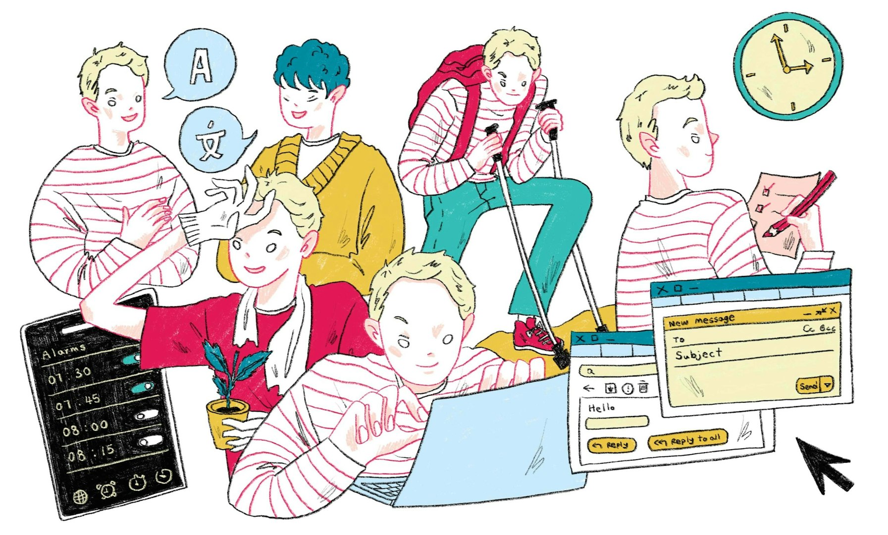 Hand-drawn illustration showing life skills gained during a gap year, such as confidence, resilience, budgeting, and communication