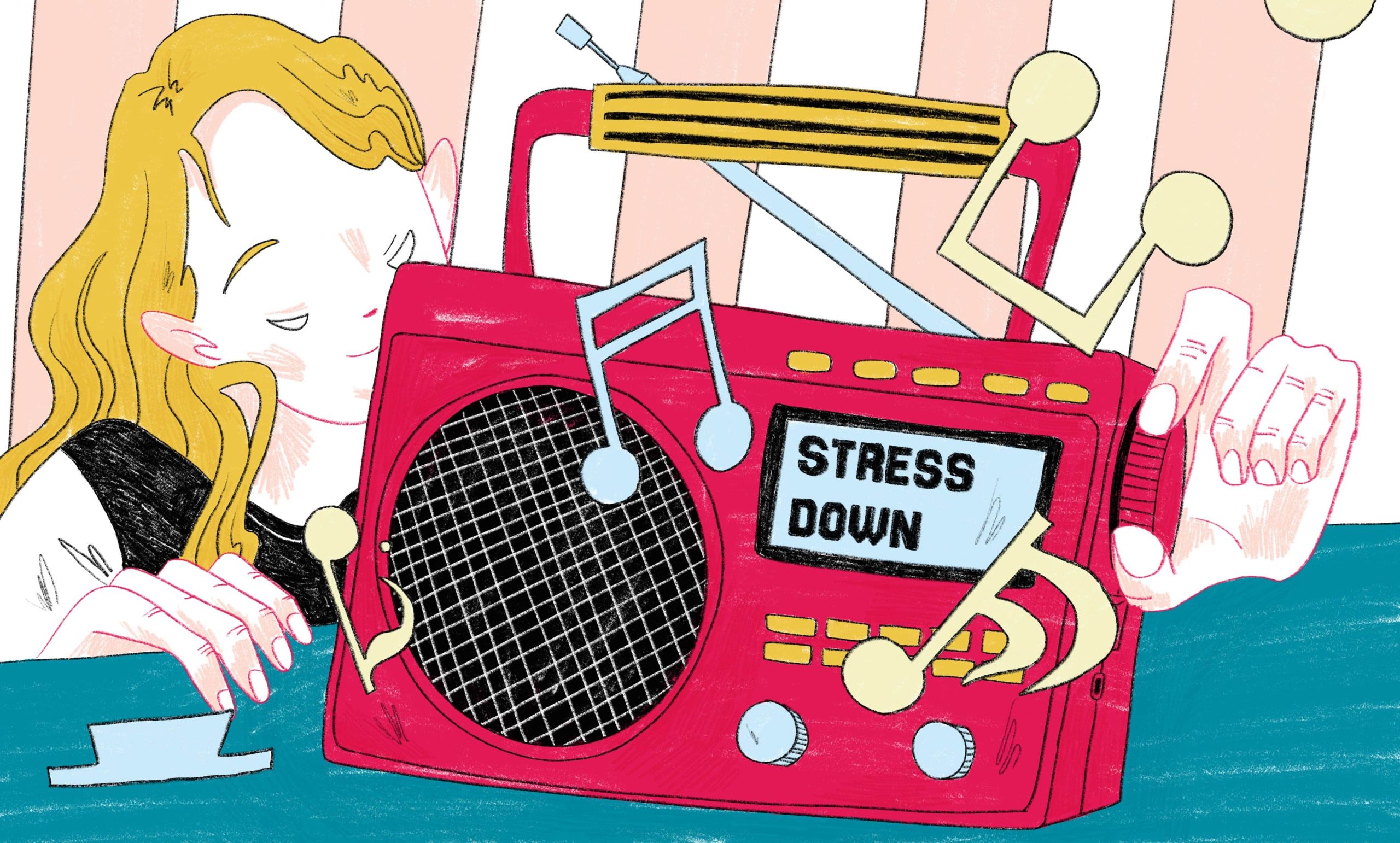 Hand-drawn illustration showing a student practicing self-care and stress relief during a gap year for mental health