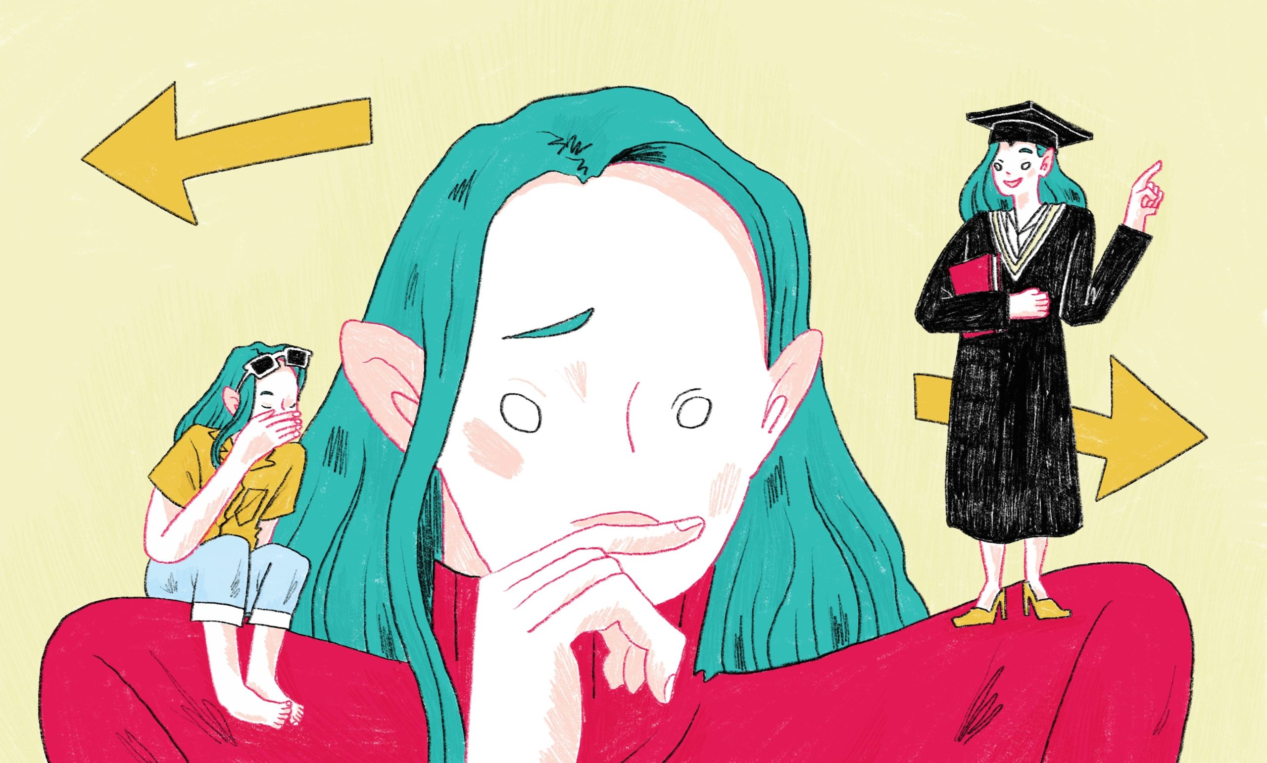 Hand-drawn illustration comparing taking a gap year to starting college right away, with scenes showing each path