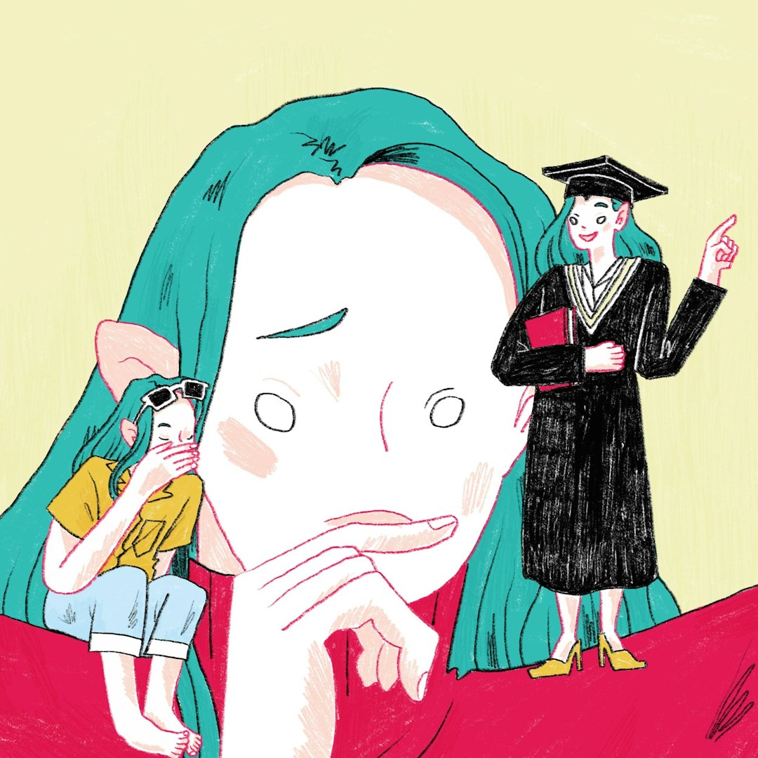 Hand-drawn illustration comparing taking a gap year to starting college right away, with scenes showing each path, square format