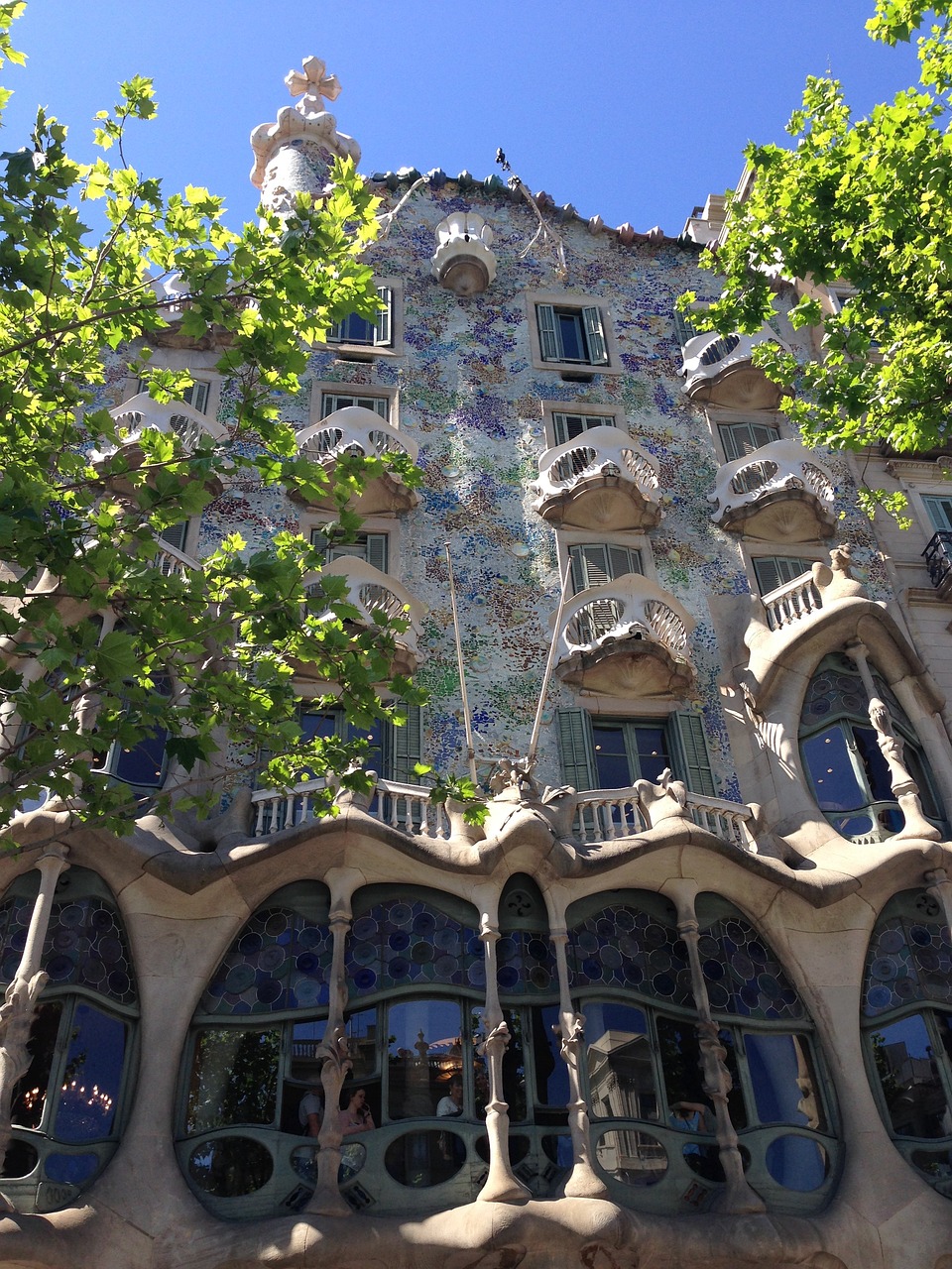 Casa Batlló's mosaic facade and curving balconies framed by tree branches