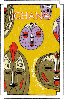 Illustrated Ghana sticker: three carved wooden masks on a yellow ground.