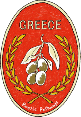 Illustrated Greece sticker: olives and leaves inside a laurel wreath on deep red.
