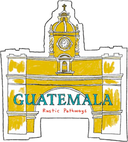 Illustrated Guatemala sticker: the yellow Santa Catalina arch in Antigua with its clock tower.