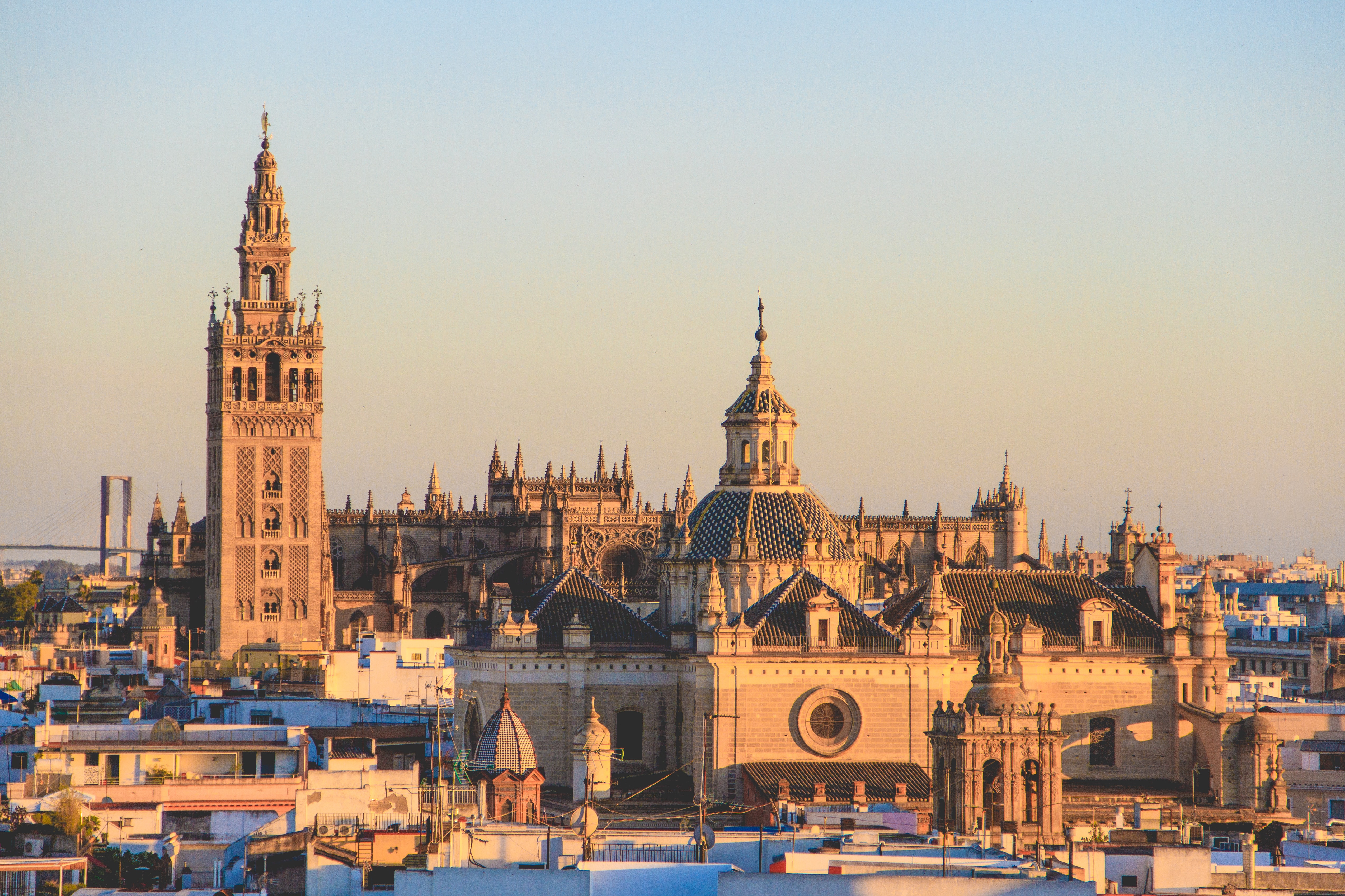 The Giralda tower rises above Seville's cathedral and rooftops at sunset