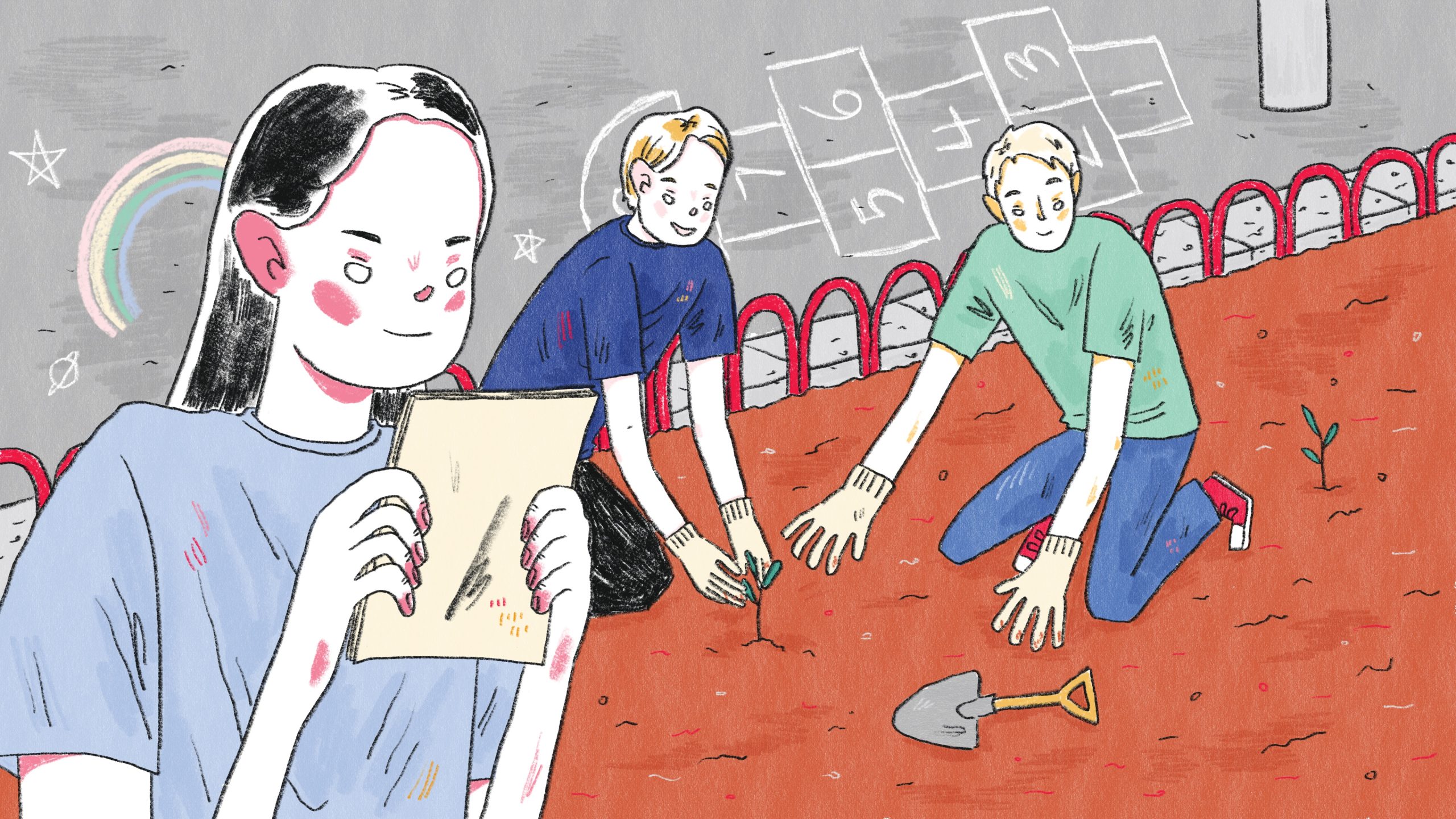 students taking action to complete community projects like planting a garden and handing out flyers to promote a civic cause.