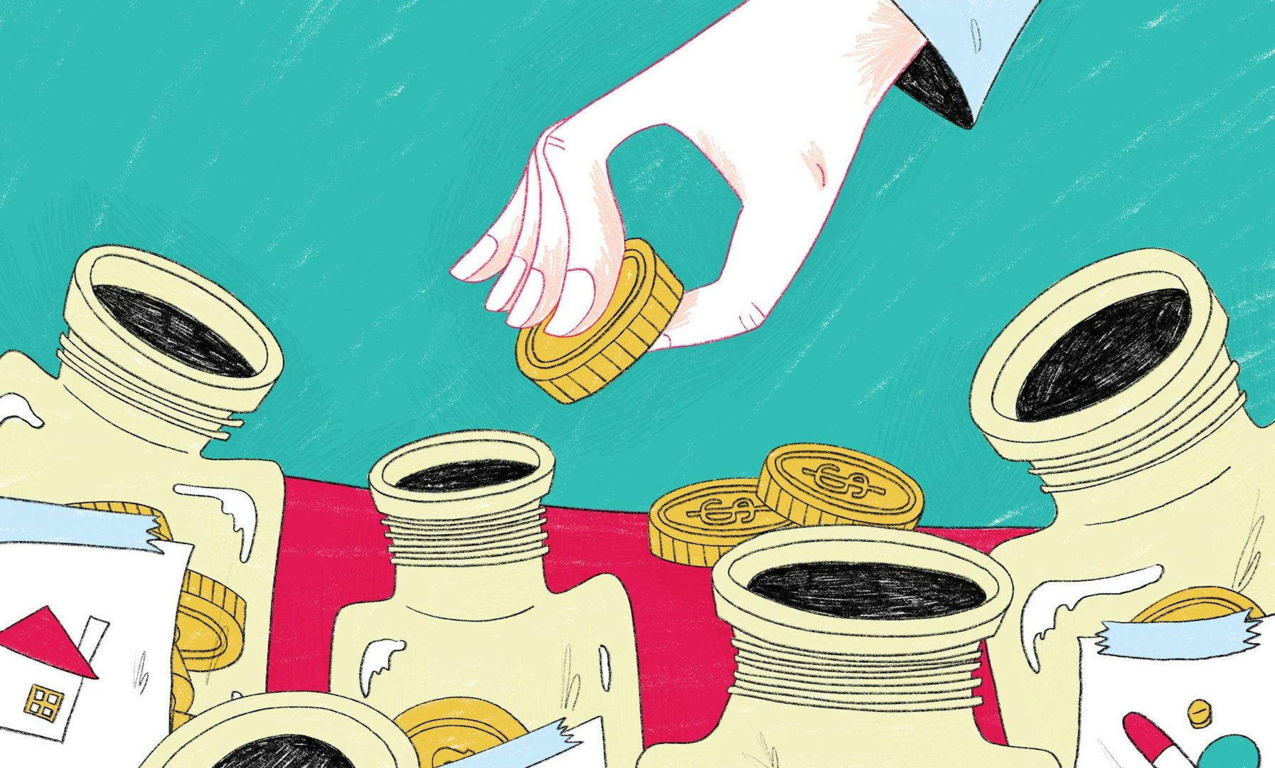Hand-drawn illustration of budget planning for a gap year, showing savings, scholarships, and financial tips
