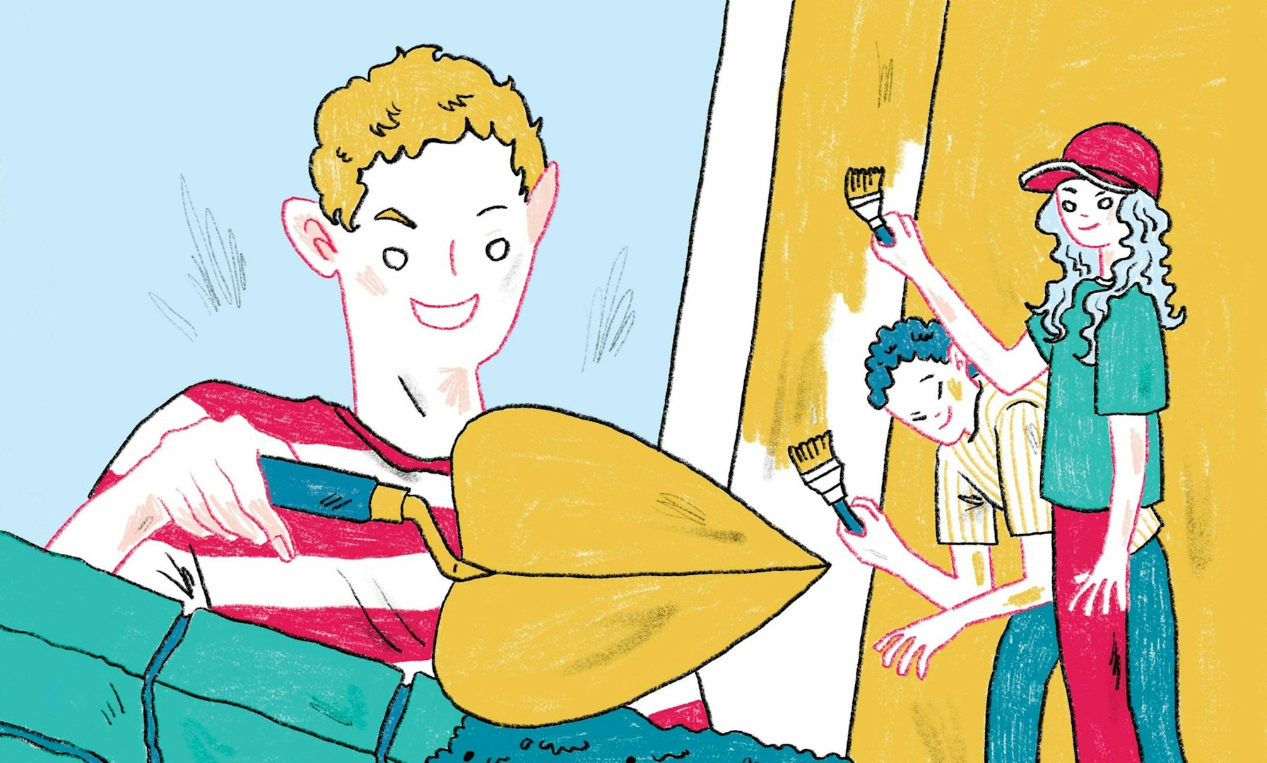 Hand-drawn illustration of volunteering abroad during a gap year, showing students helping communities and working internationally