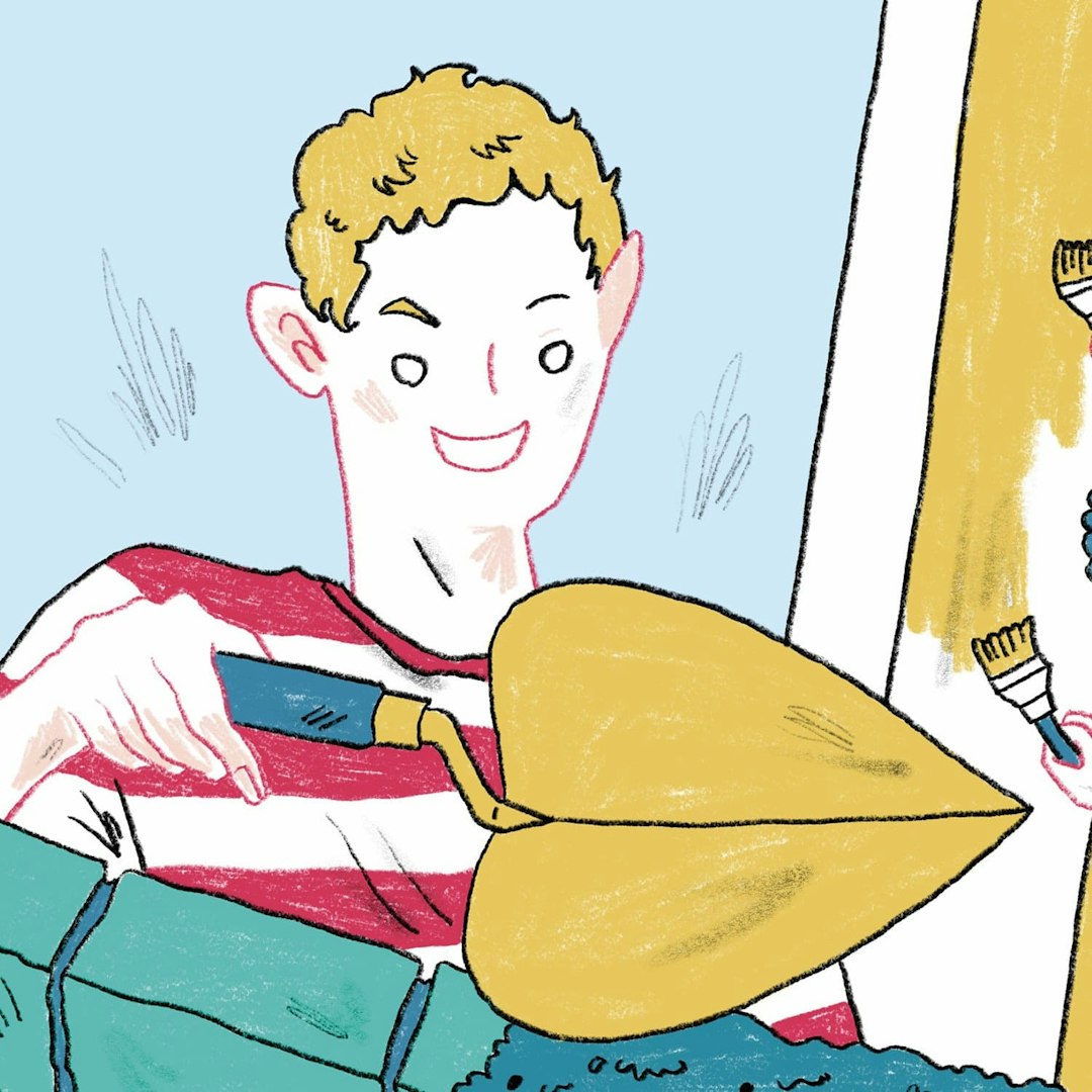 Hand-drawn illustration of volunteering abroad during a gap year, showing students helping communities and working internationally, square format