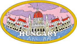 Illustrated Hungary sticker: the Parliament building along the Danube in a gold oval.